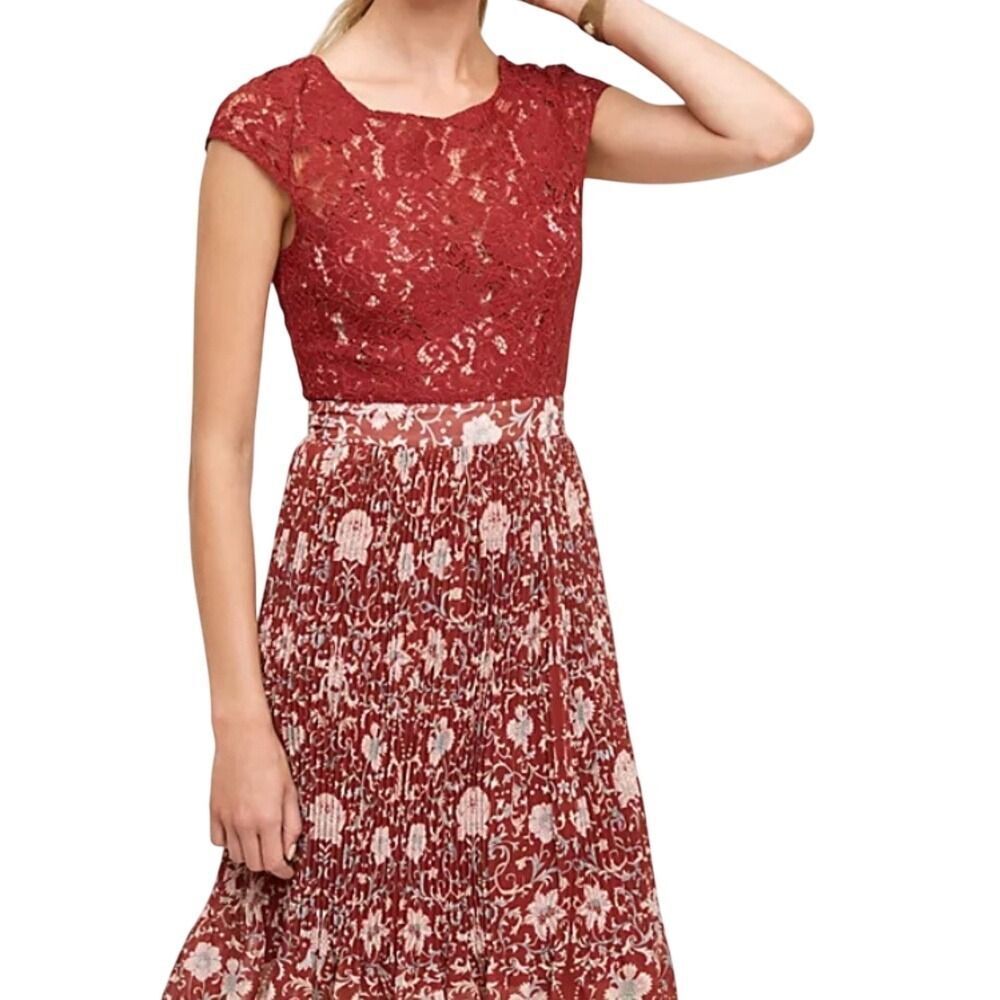Anthropologie Plenty by Tracy Reese Lace Midi Dress Red Floral Pleated Womens 2P